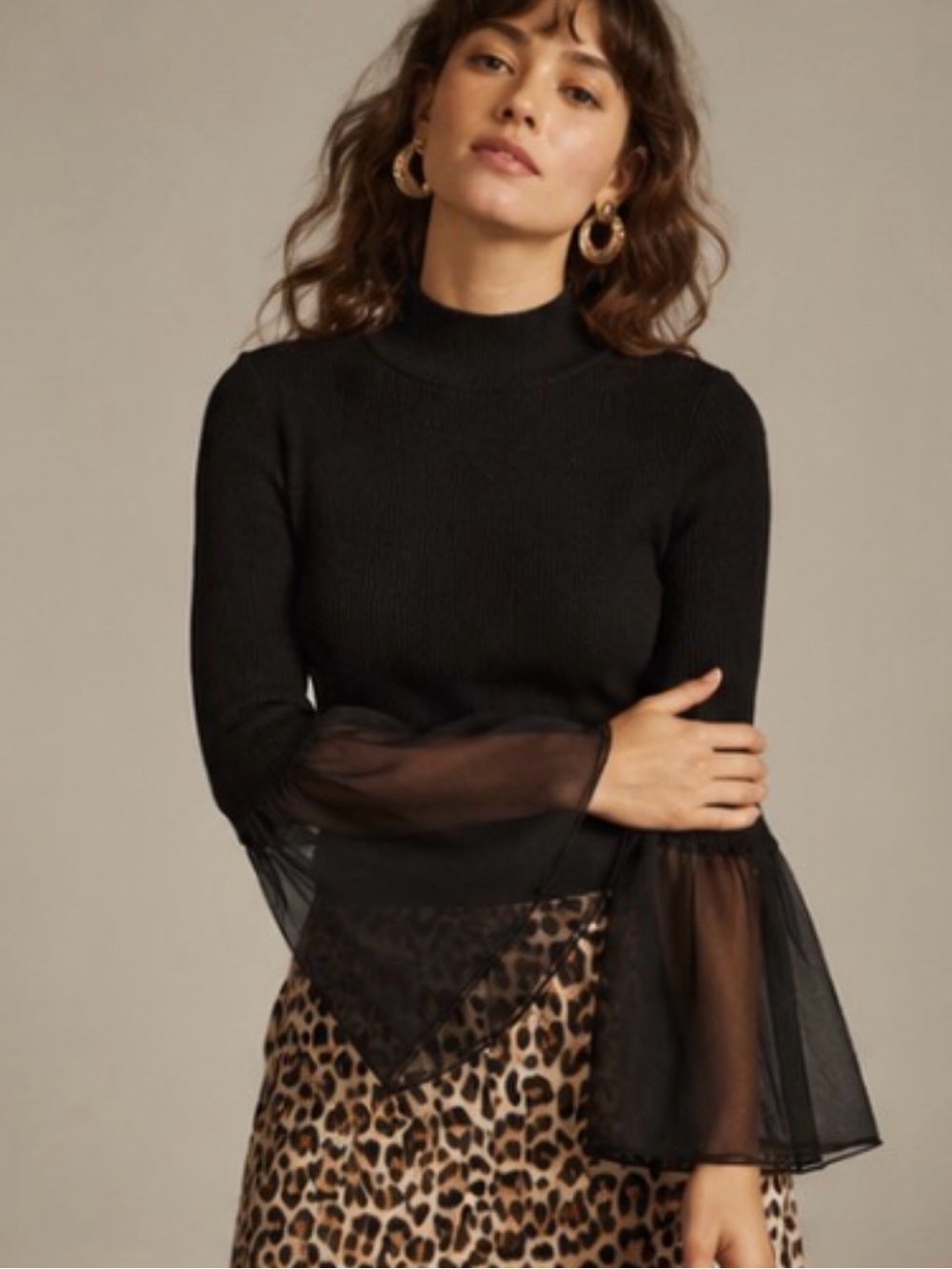 Anthropologie Black Mock Neck Sweater with Sheer Bell Sleeves